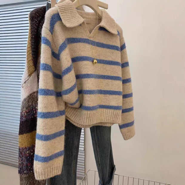Damen Strickpullover mit V-Ausschnitt und strukturiertem Streifenmuster WW