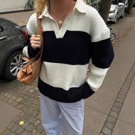 Damen Sportlicher Pullover mit Kragen und Blockstreifen WW