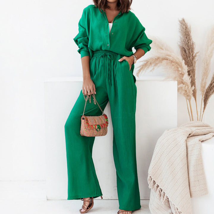 Damen Lässiger Zweiteiler mit langärmeliger Bluse und weitem Hosenstil W&W Mode