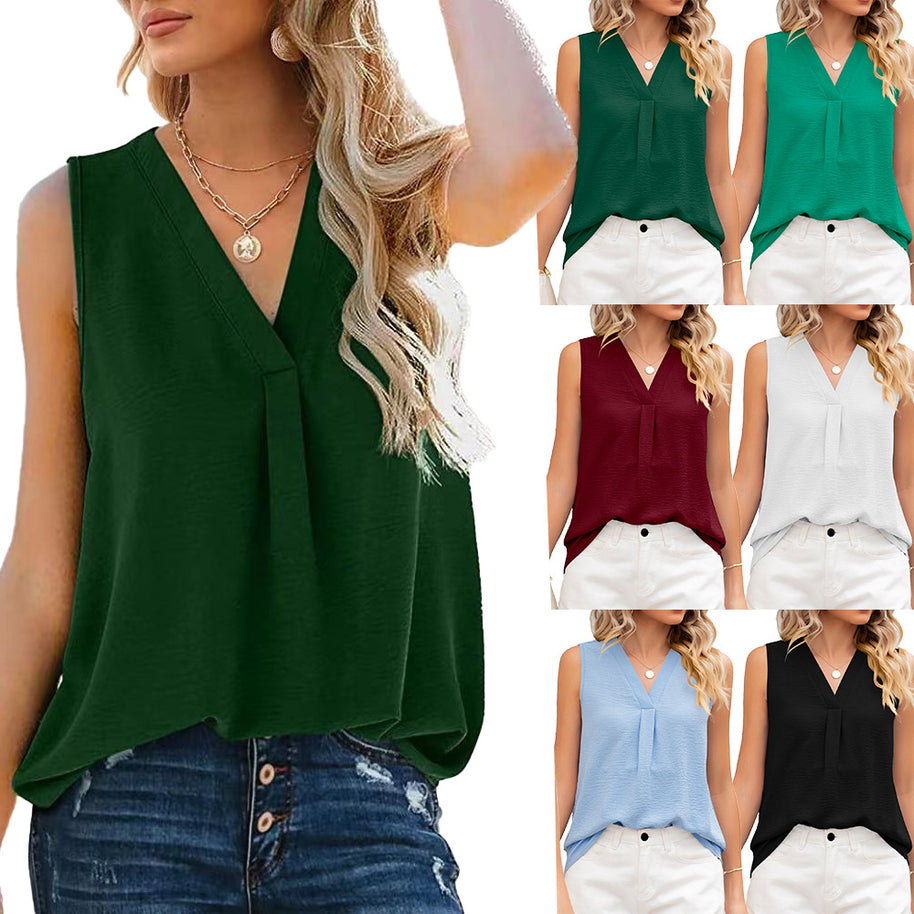 Damen ärmelloses Blusenshirt mit elegantem V-Ausschnitt und dekorativer Faltenstruktur WW