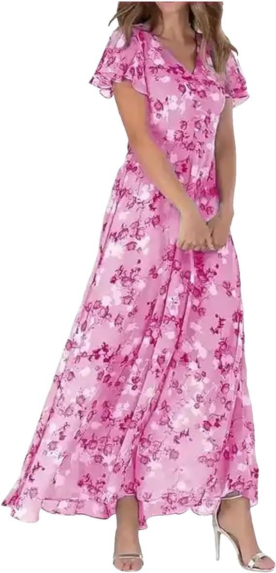 Damen Maxikleid mit floralem Chiffon und elegantem V-Ausschnitt WW