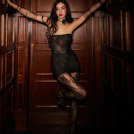 Damen Spitzen-Body mit integrierter Strumpfhose und schulterfreien Trägern WW