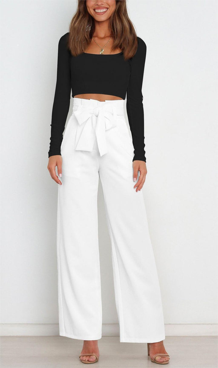 Damen elegante weite Stoffhose mit Taillengürtel W&W Mode