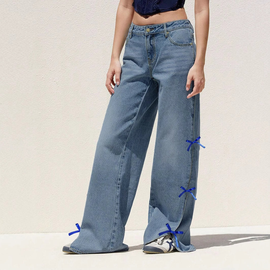 Damen weite Jeanshose mit dekorativen Schleifen WW