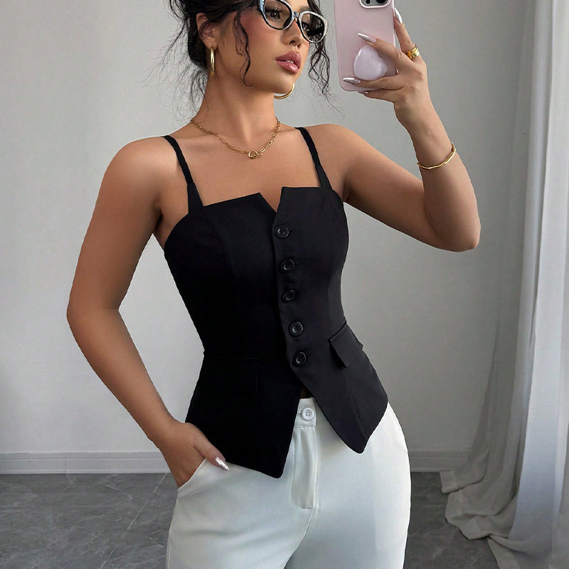 Damen ärmelloses Blusentop mit tailliertem Schnitt und Knopfdetails W&W Mode