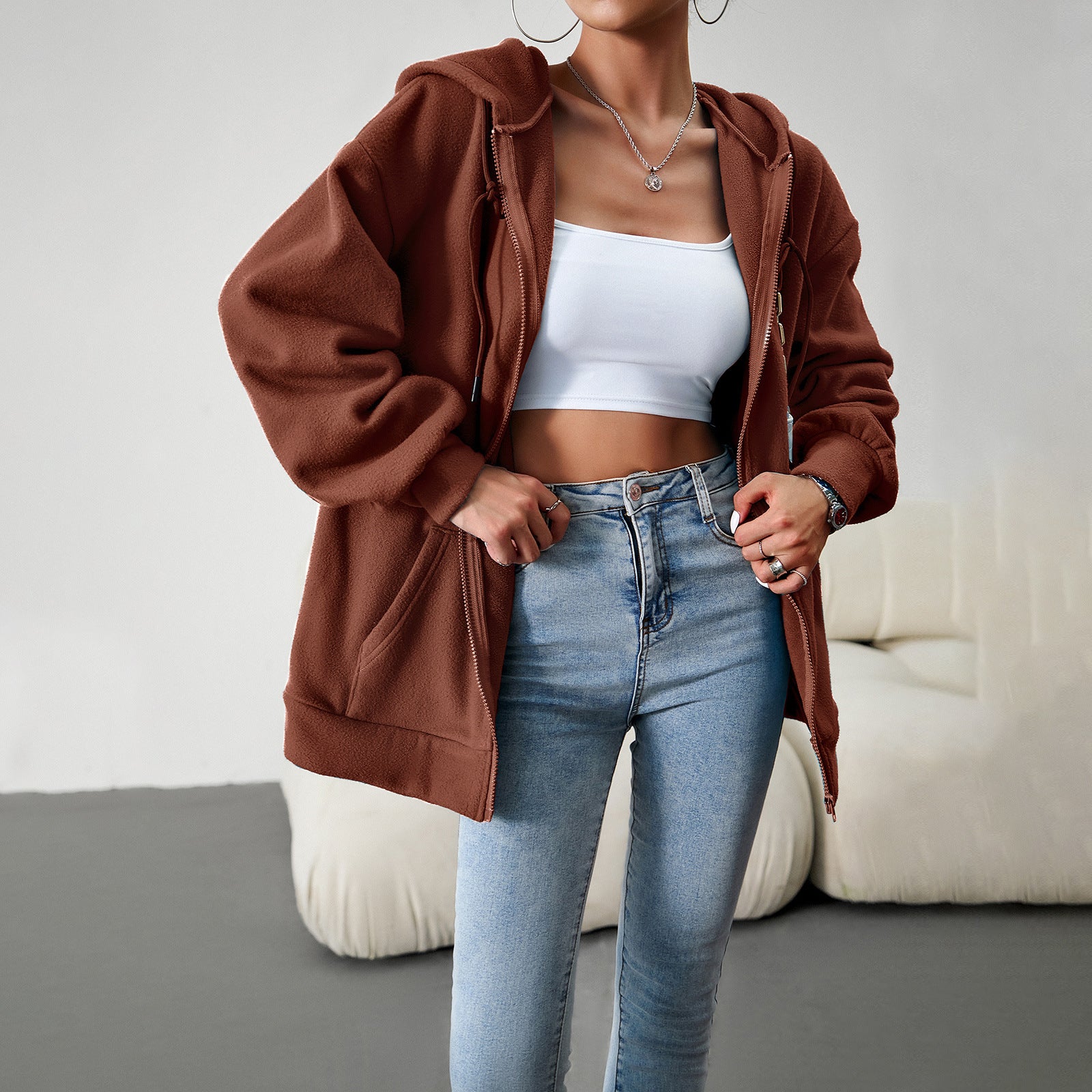 Damen Fleecejacke mit praktischen Taschen und verstellbarem Kapuzenzug WW