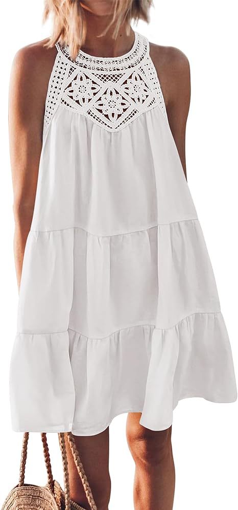 Damen Luftiges Sommerkleid mit Spitzenbesatz und weit geschnittenem Saum WW