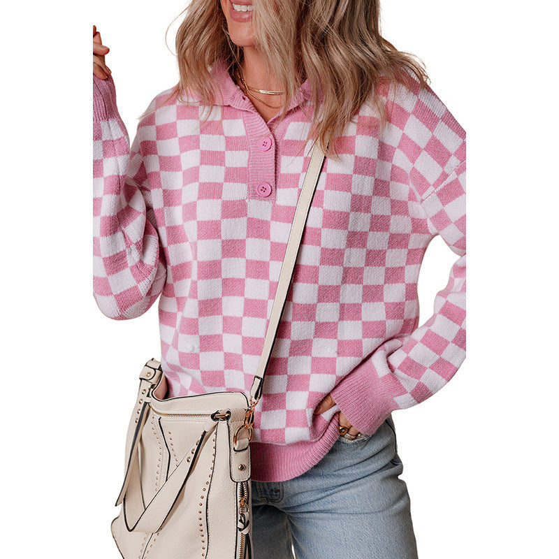 Damen gemütlicher Sweatpullover mit Karomuster und Knopfdetail WW