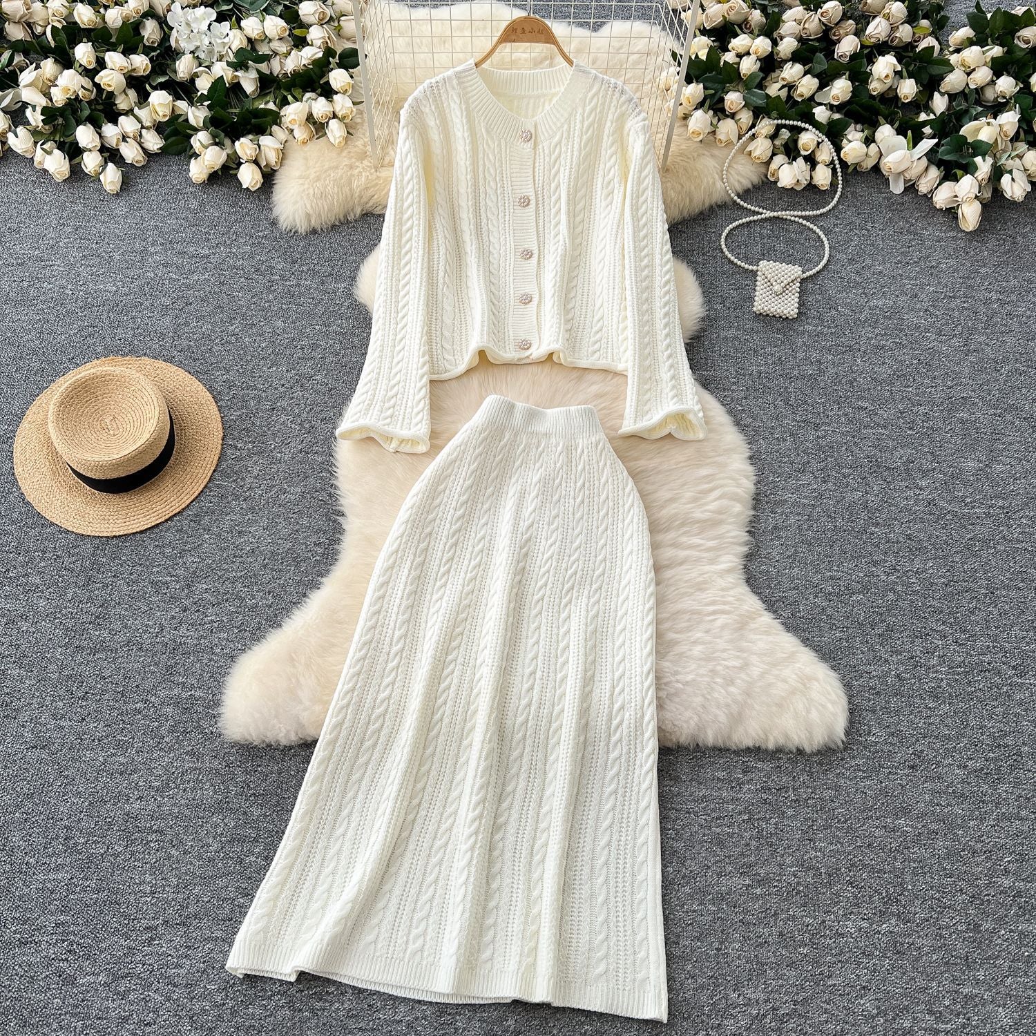 Damen Strickensemble mit Zopfstruktur WW