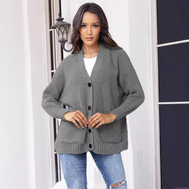 Damen Strickjacke mit großen Taschen und klassischem Knopfverschluss WW