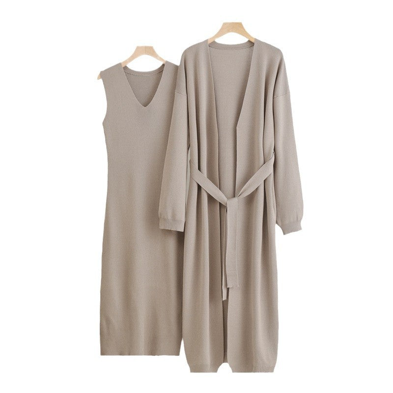 Damen 2-teiliges Kleid und Cardigan-Set mit V-Ausschnitt WW