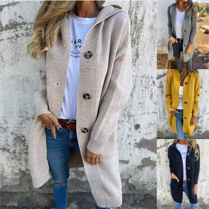 Damen Strickjacke mit Kapuze und Knöpfen W&W Mode