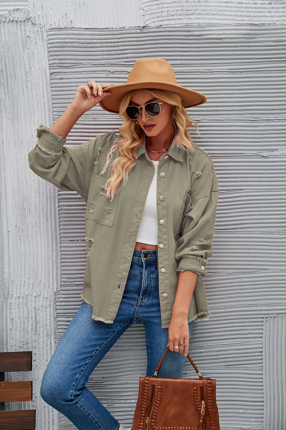 Damen Denim-Hemdjacke im lässigen Oversized-Schnitt mit fransigen Details WW