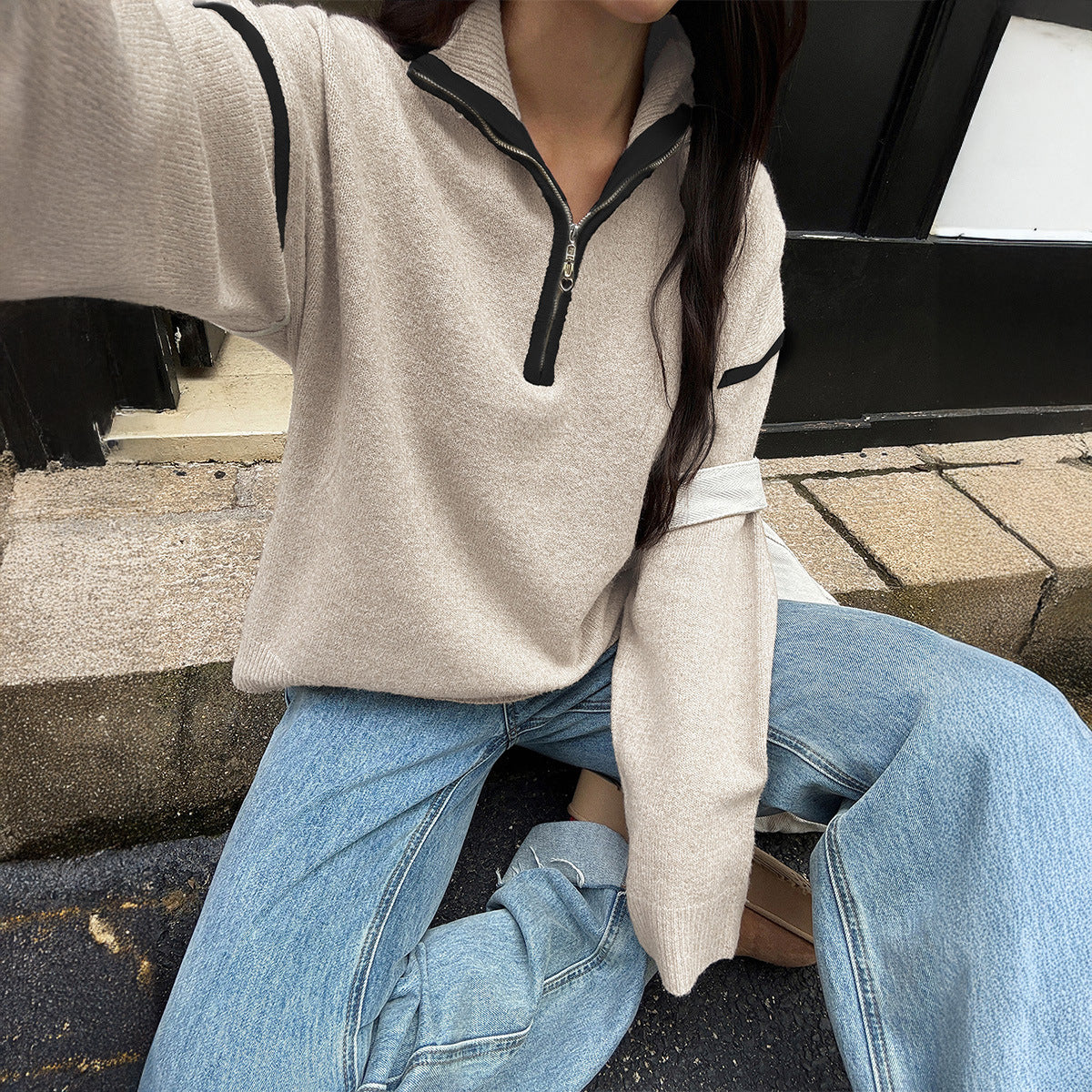 Damen Sportlicher Pullover mit halbem Reißverschluss und langen Ärmeln WW