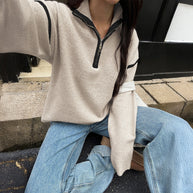 Damen Sportlicher Pullover mit halbem Reißverschluss und langen Ärmeln WW