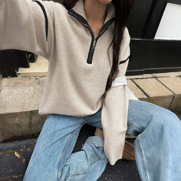 Damen Sportlicher Pullover mit halbem Reißverschluss und langen Ärmeln WW