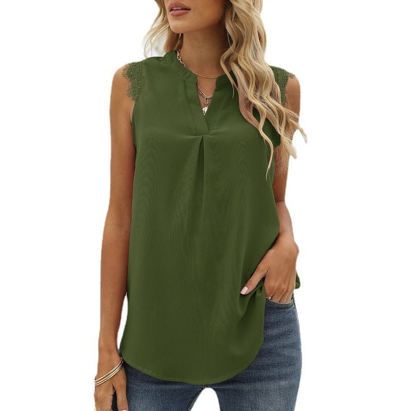 Damen ärmelloses Blusenshirt mit elegantem Spitzeneinsatz und modischen Falten WW