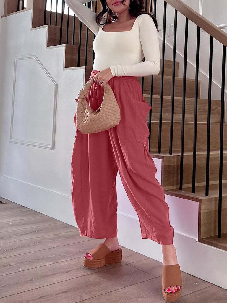 Damen lässige weit geschnittene Leinenhose mit praktischen Taschen und elastischem Bund WW