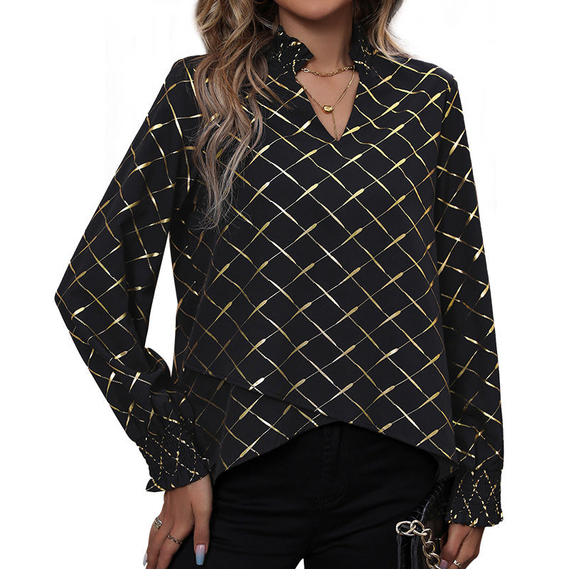 Damen Bluse mit elegantem Rautenmuster und Puffärmel WW