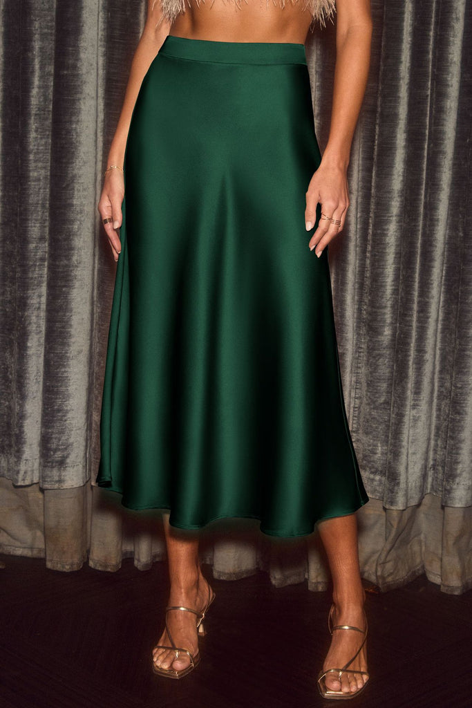 Damen schwingender Satin-Midirock mit elastischem Taillenbund WW
