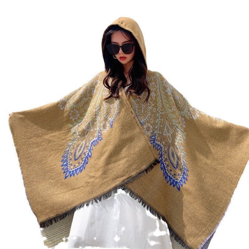 Damen Poncho mit Kapuze und kunstvollem Paisleymuster WW