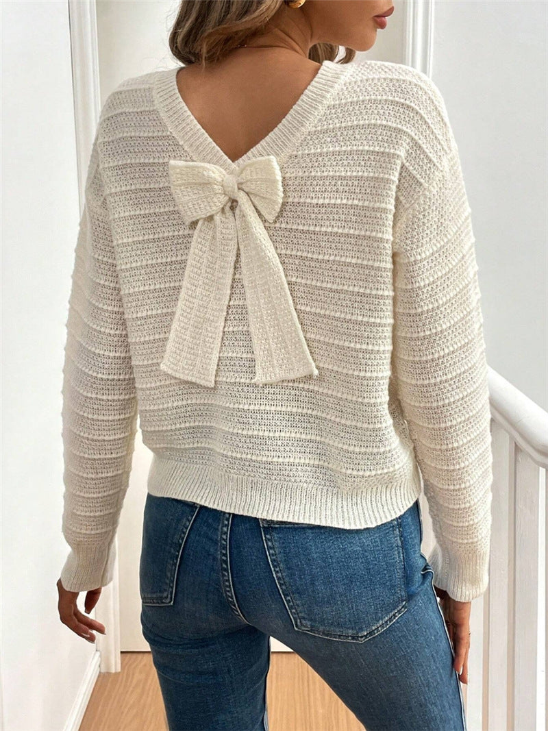 Damen Strickpullover mit V-Ausschnitt und dekorativem Schleifenelement WW