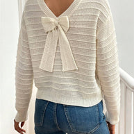 Damen Strickpullover mit V-Ausschnitt und dekorativem Schleifenelement WW
