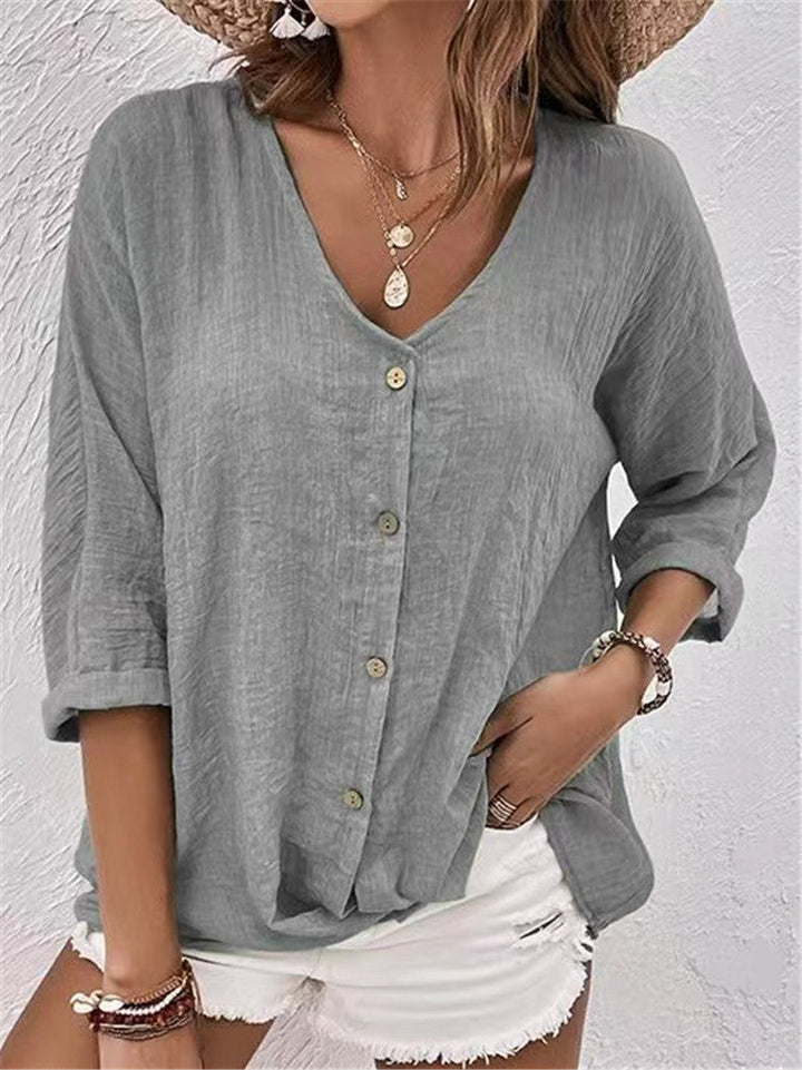 Damen lässige Bluse mit Knopfleiste und V-Ausschnitt W&W Mode