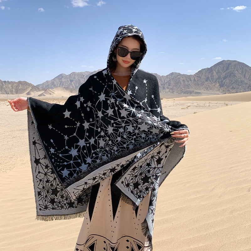 Damen Cape-Tuch mit elegantem Sternenmotiv und Kapuze WW