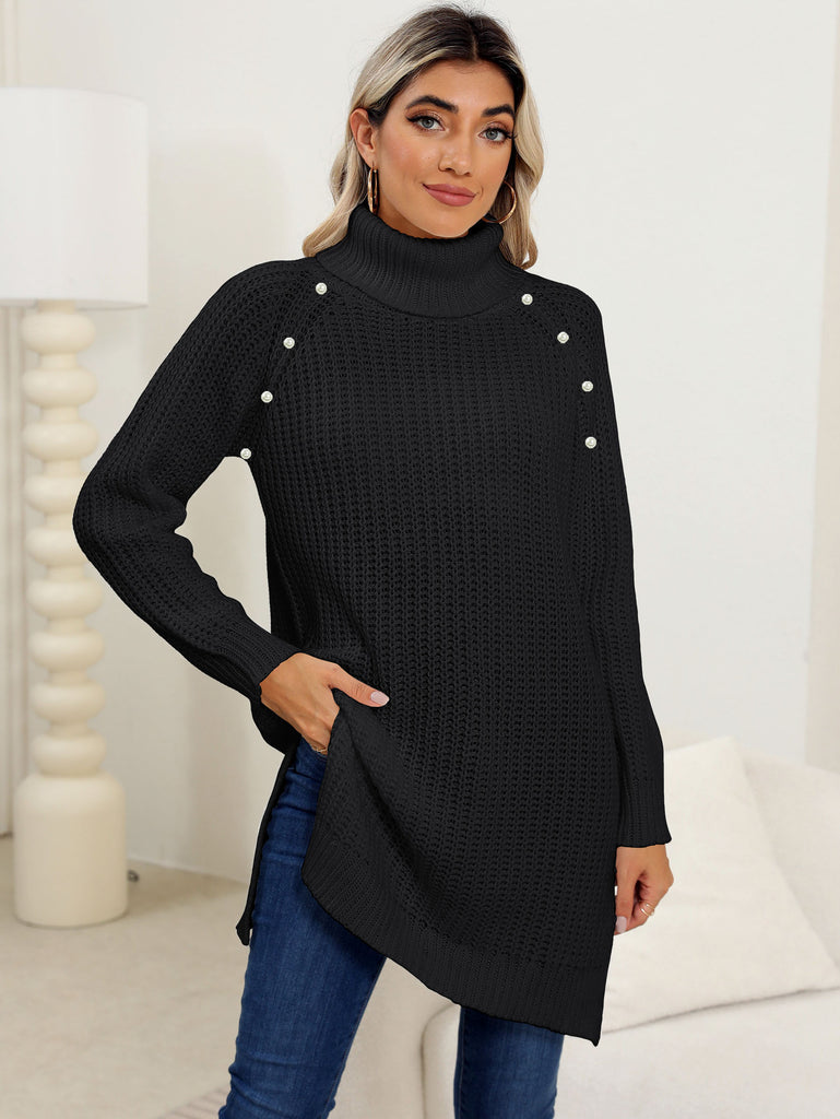 Damen Strickpullover mit hohem Kragen und dekorativen Knopfdetails WW