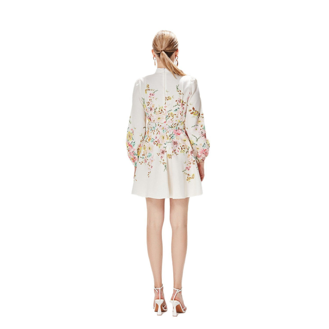 Damen Kleid aus Baumwoll-Leinen-Mix mit Blumenmuster, Puffärmeln und Gürtel