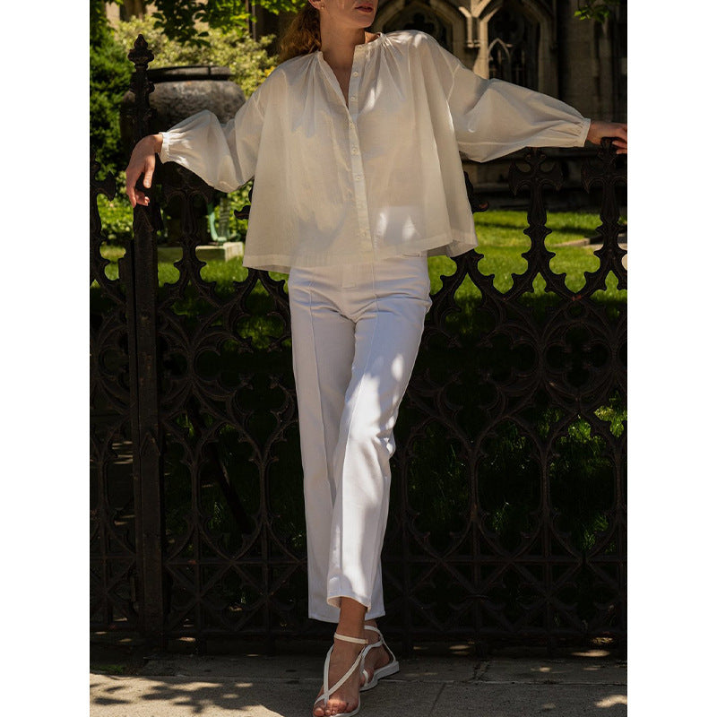 Damen Bluse mit hohem Kragen und eleganter Knopfleiste WW