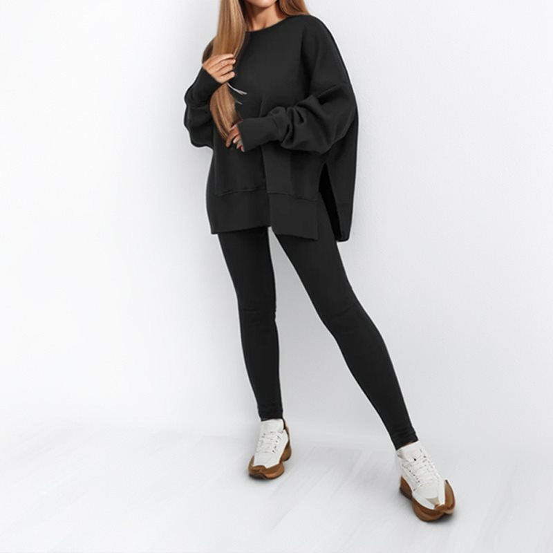 Damen sportliches Set aus ultra-bequemen Oversized-Pullover und figurbetonten Leggings WW
