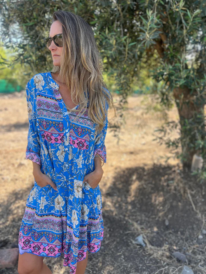 Damen Boho-Chic Kleid mit floralen Mustern und Knopfleiste W&W Mode