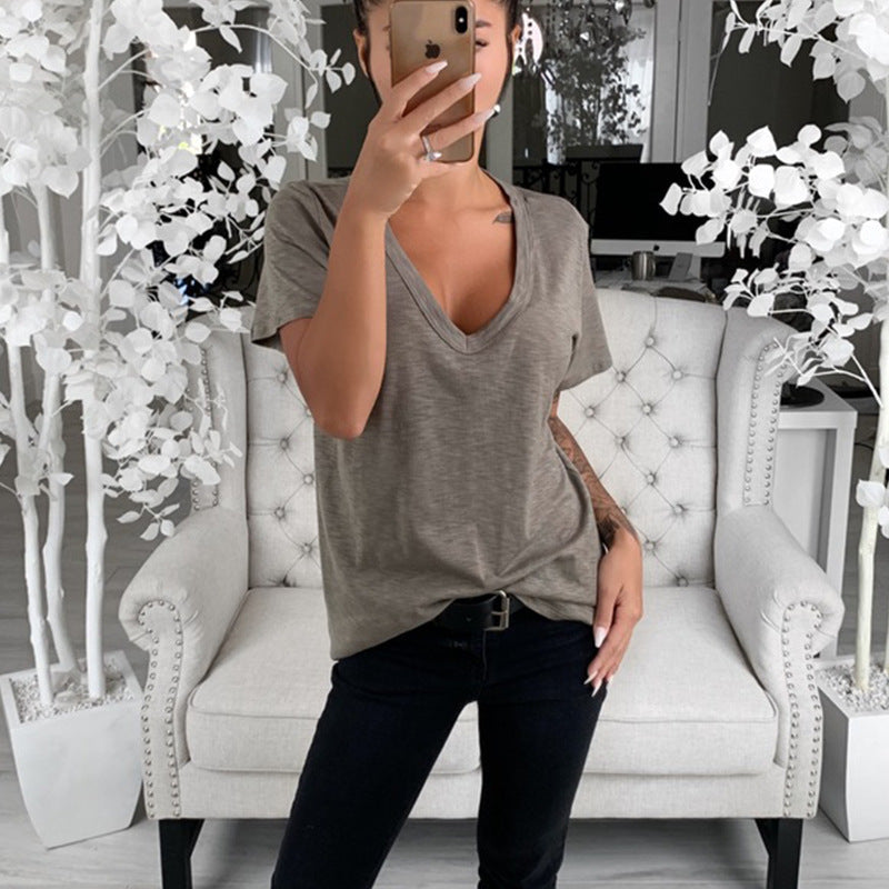 Damen Lässiges T-Shirt mit tiefem V-Ausschnitt und lockerer Passform W&W Mode