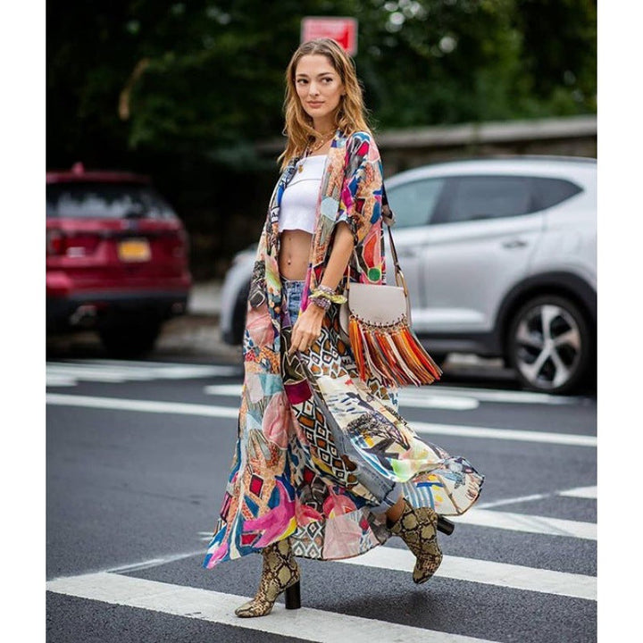 Damen Kimono mit buntem Patchwork-Design und fließendem Stoff W&W Mode