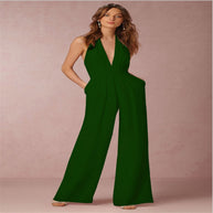 Damen eleganter Jumpsuit mit tiefem V-Ausschnitt und weitem Bein WW