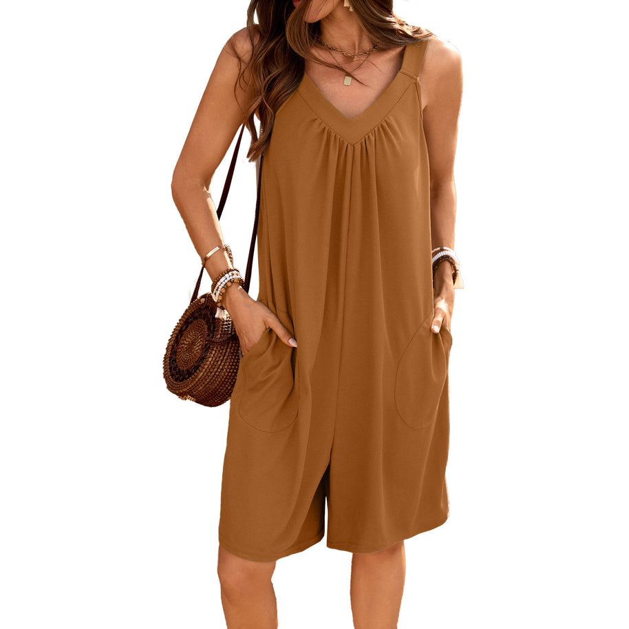 Damen ärmelloses Jumpsuit mit tiefem V-Ausschnitt und praktischen Taschen WW