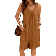 Damen ärmelloses Jumpsuit mit tiefem V-Ausschnitt und praktischen Taschen WW