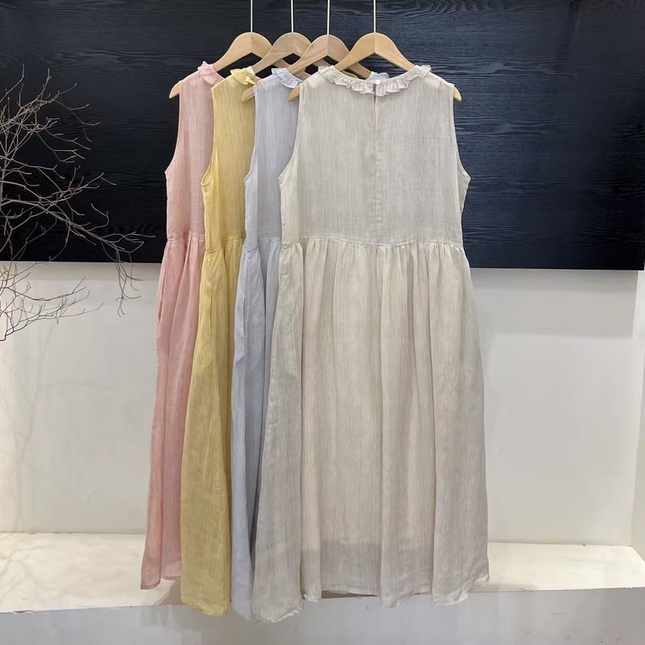 Damen Relaxed Fit Rüsch-Leinen-Maxi-Kleid WW