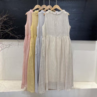 Damen Relaxed Fit Rüsch-Leinen-Maxi-Kleid WW