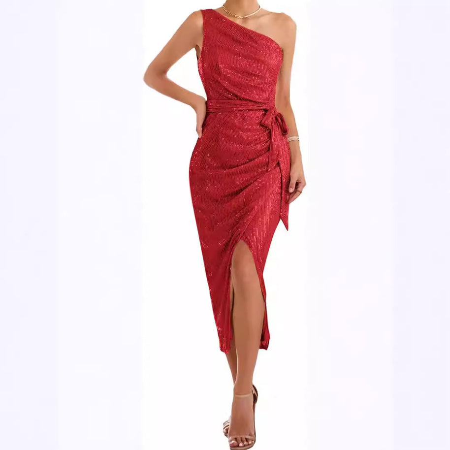 Damen asymmetrisches Abendkleid mit Pailletten und hohem Schlitz WW
