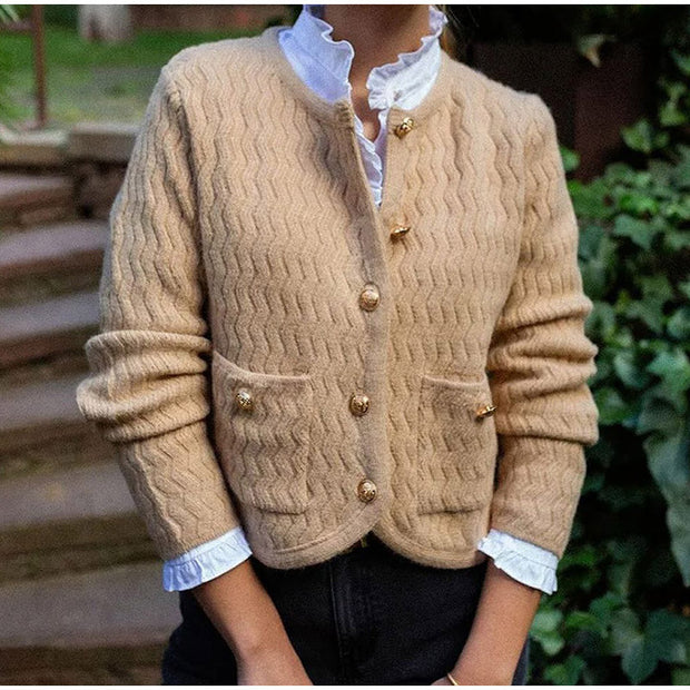 Damen Strickjacke mit strukturiertem Karomuster und dekorativen Knöpfen WW
