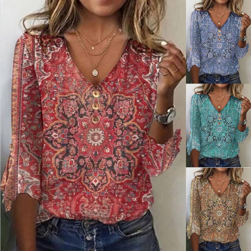Damen Bohemian bedruckte V-Ausschnitt Bluse mit Knopfdetails WW