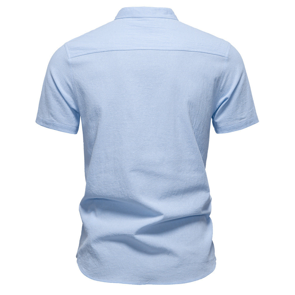 Herren nan lässiges Kurzarmshirt mit Stehkragen, halber Knopfleiste und leicht strukturierter Baumwoll-Leinen-Qualität W&W Mode