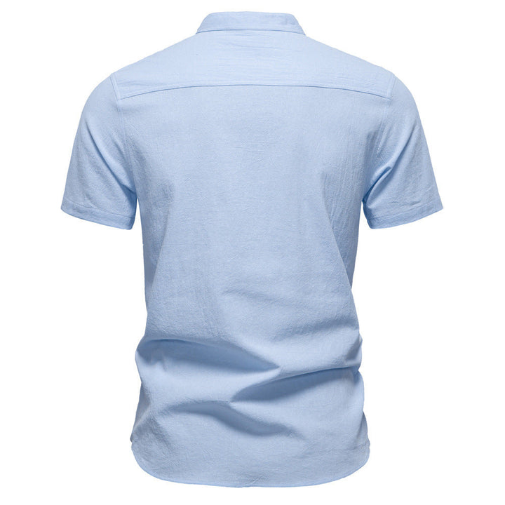 Herren nan lässiges Kurzarmshirt mit Stehkragen, halber Knopfleiste und leicht strukturierter Baumwoll-Leinen-Qualität W&W Mode