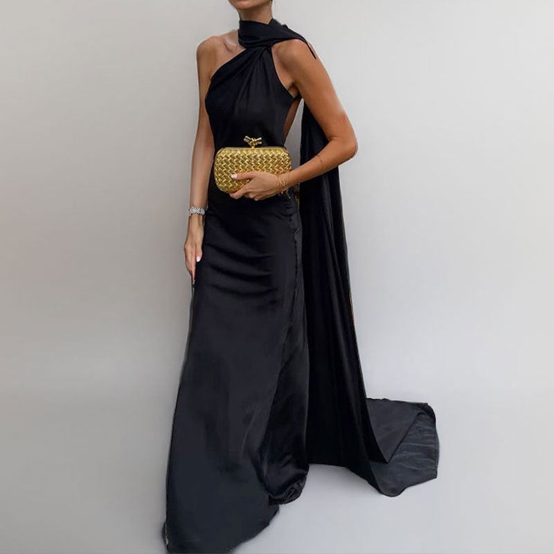Damen Elegantes Abendkleid mit asymmetrischem Design und weichem Umhang WW