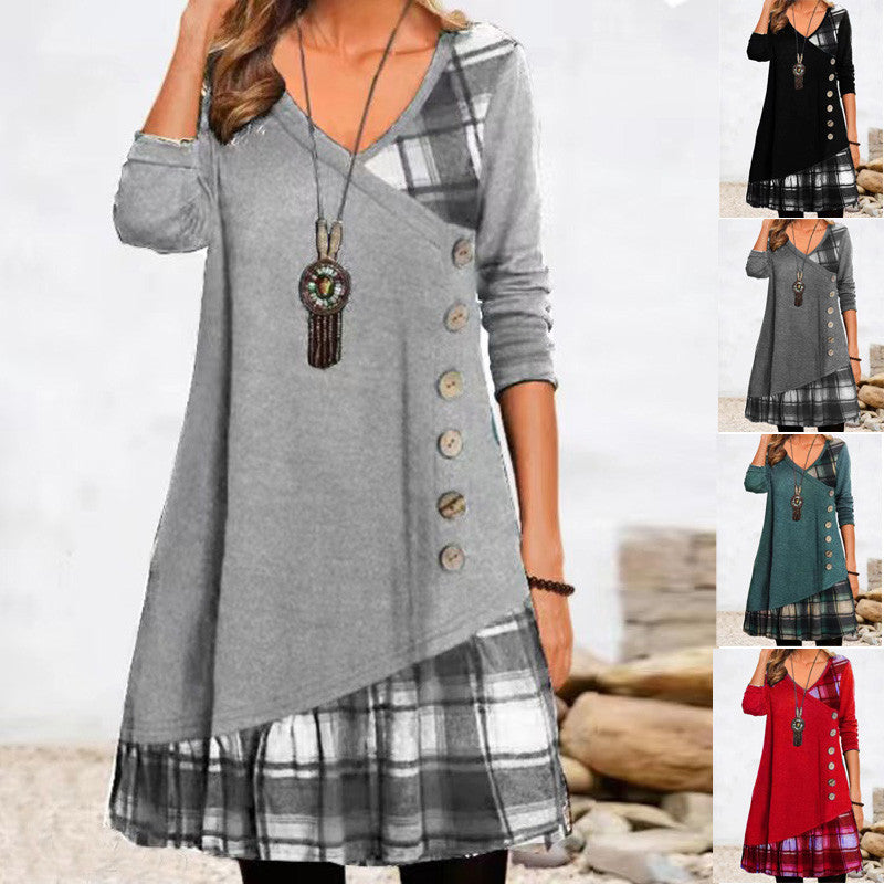 Damen asymmetrisches Freizeitkleid mit kariertem Saum und Knopfdetail WW