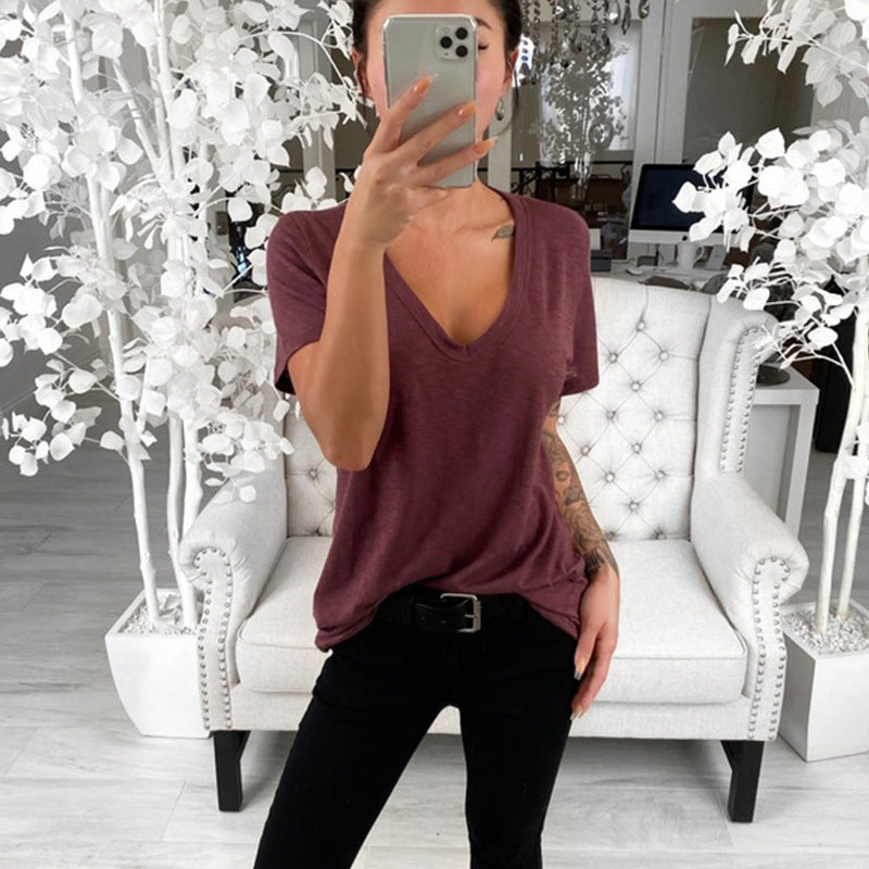 Damen Lässiges T-Shirt mit tiefem V-Ausschnitt und lockerer Passform W&W Mode
