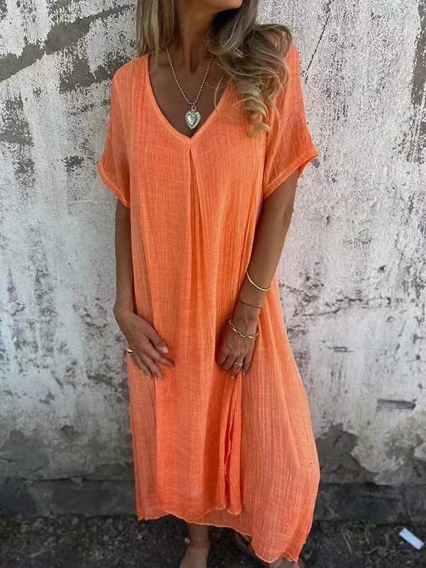 Damen lässiges Maxikleid aus leichtem Stoff mit V-Ausschnitt und kurzem Arm WW